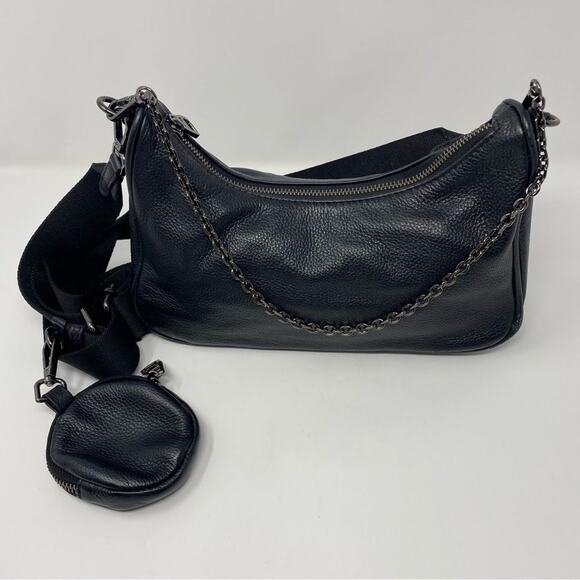 Black Faux Leather 2 in 1 Adjustable + Chain Straps Crossbody Shoulder Bag - Picture 2 of 15